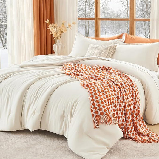 MUXHOMO King Size Comforter Set, All Season Ultra Soft Down Alternative Bedding - 3 Piece Lightweight Bed Set Includes 1 Comforter (104"x90") and 2 Pillow Shams (20"x36"), Ivory