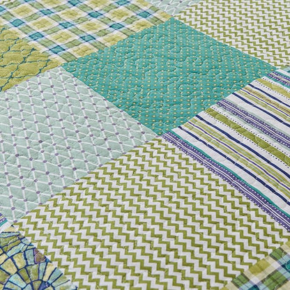 Cmfshape Quilt Sets Bedspread Set 100% Cotton Green Plaid Patchwork Bedding Set, All Season Use Lightweight Reversible Coverlet Quilts with 2 Pillow Shams(Queen 90"x96")