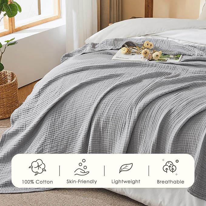 EMME Cotton Muslin King Blanket Bed Layering Bedspread Coverlet Breathable Gauze Soft Lightweight Blankets (Heather Grey, 108"x90")