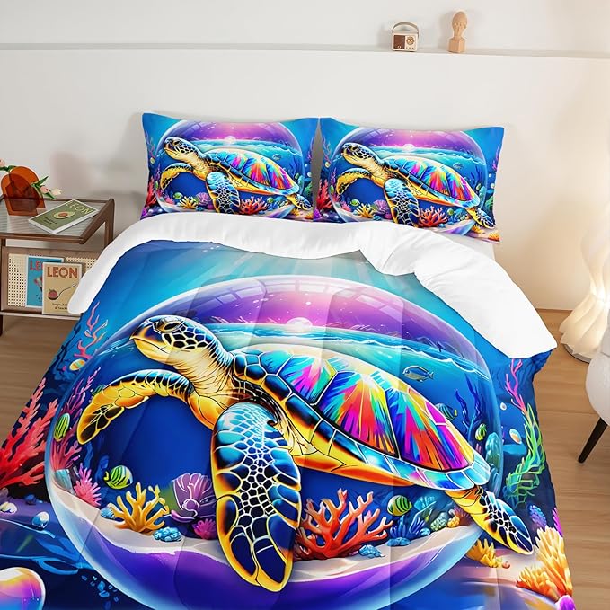 Sea Turtle Comforter Set Queen Size,Colorful Underwater World Toddler Bed Comforter Set,Coastal Bedding for Kids Boys Girls Room Decor,Sea Life Themed Comforter Sets 2 Pillowcases.
