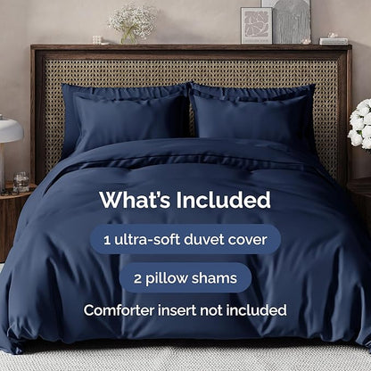 Duvet Cover Queen Size Set - Extra Soft Queen Duvet Cover 90" x 90" with 2 Pillow Shams - Hotel Luxury, Easy Care & Fade Free w/ Zipper Closures & Ties - All Season, Comfy and Breathable (Navy Blue)