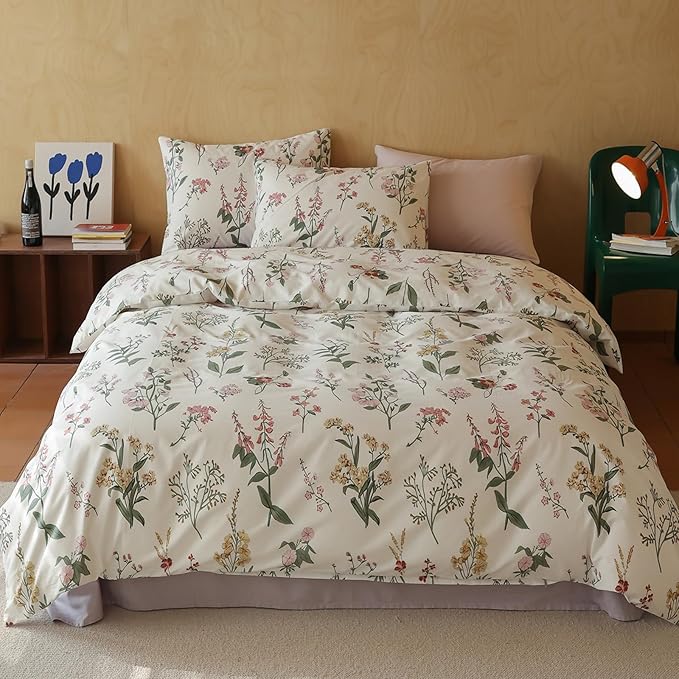 HighBuy Botanical Floral Comforter Set Queen - Pink Yellow Flower Cottagecore Coquette Bedding Comforter Set 3 Piece for Women Girls Boho Chic Fluffy Comforter Queen Size Aesthetic Bedding