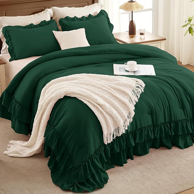 Andency Dark Green Ruffle Comforter Set King, Shabby Chic Farmhouse Bedding Comforter, Soft Lightweight Fluffy Polyester Bet Set All Season 3 Pieces Solid Comforter Set