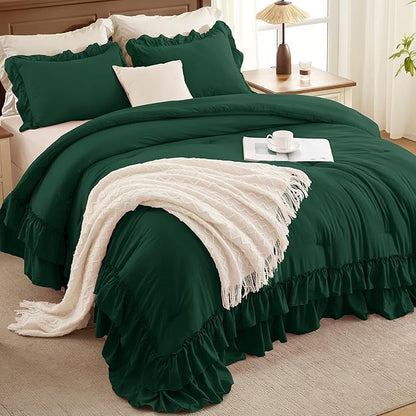 Andency Dark Green Ruffle Comforter Full Set, 3pcs Vintage Farmhouse Shabby Chic Bedding Comforter Set, Soft Lightweight Fluffy Bed Comforter Sets All Season Bedding Set