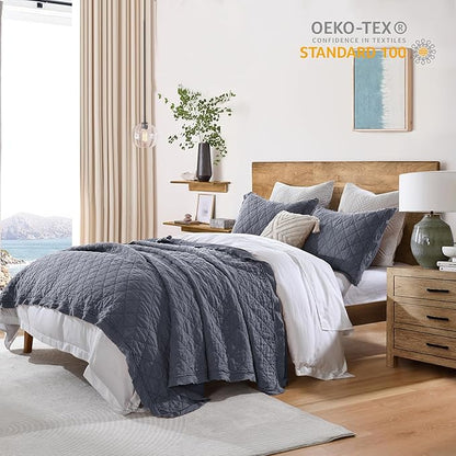 HORIMOTE HOME 100% Linen Front/100% Cotton Back Quilt Set Twin Size, Steel Blue Pre-Washed Flaxen Bedspread Coverlet Set, Diamond Stitch Cotton Linen Bedding Set 2-Piece for All Seasons