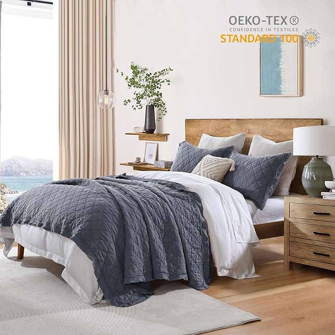 HORIMOTE HOME 100% Linen Front/100% Cotton Back Quilt Set Queen Size, Steel Blue Pre-Washed European Flax Linen Quilt, Diamond Stitch Bedspread Coverlet Bedding Set 3-Piece for All Seasons