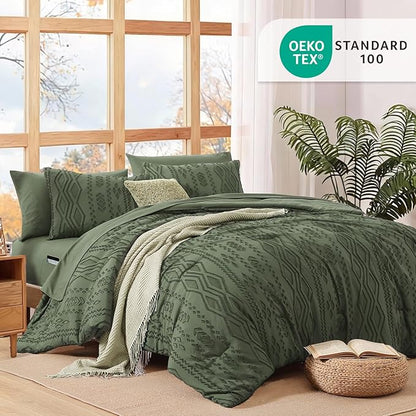 WRENSONGE Twin-XL Size Comforter Set with Sheets - 7 PiecesOlive Green Tufted Bed in a Bag Twin-XL Shabby Chic Bedding Sets with 1 Comforter, 2 Sheets, 2 Pillowcases & 2 Shams