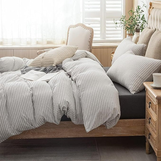 PURE ERA Jersey Knit Duvet Cover Set 100% T-Shirt Heather Cotton Super Soft Comfy Classic Striped Design, with Zipper Closure, Heather White & Black Pinstripe, Full