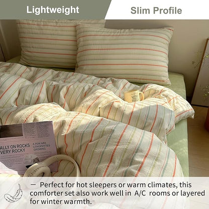EAVD Vintage Colorful Striped Comforter Set Full Soft Cotton 3-Piece Retro Vertical Striped Bedding Set with 2 Pillowcases Boho Geometric Comforter Set for All-Season(Orange&Yellow&Green, Full)