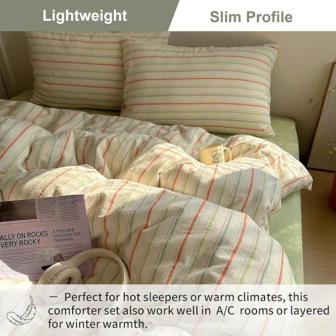 EAVD Vintage Colorful Striped Comforter Set Queen Soft Cotton 3-Piece Retro Vertical Striped Bedding Set with 2 Pillowcases Boho Geometric Comforter Set for All-Season(Orange&Yellow&Green, Queen)