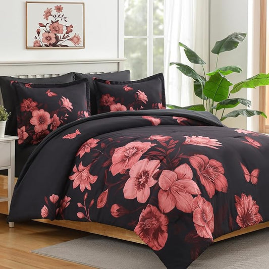 Floral Comforter Set Queen Size, 7 Piece Black Bed in a Bag, Elegant Flower Pattern Comforter Set with Sheet, Soft Microfiber Complete Bedding Sets for All Season