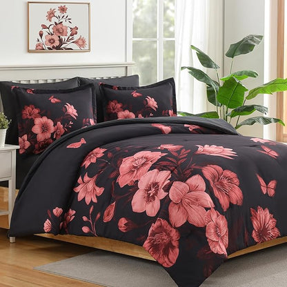 Floral King Size Comforter Set, 7 Piece Black Bed in a Bag, Elegant Flower Pattern Comforter Set with Sheet, Soft Microfiber Complete Bedding Sets for All Season