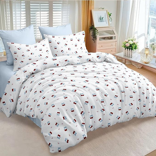 Nayoroom Blue Striped Bow Comforter Set Queen Size Red Cherry Comforter 3 Pieces Soft Lightweight Girls Cute Aesthetic Dorm Bedding Set for All Seasons