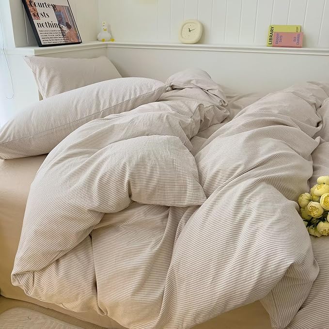 MKXI Ultra-Slim Stripes Washed Cotton Duvet Cover Set, Breathable Textured Coastal Bedding in Oyster White & Sand Dune, Twin 3-Piece, Nautical Stripe