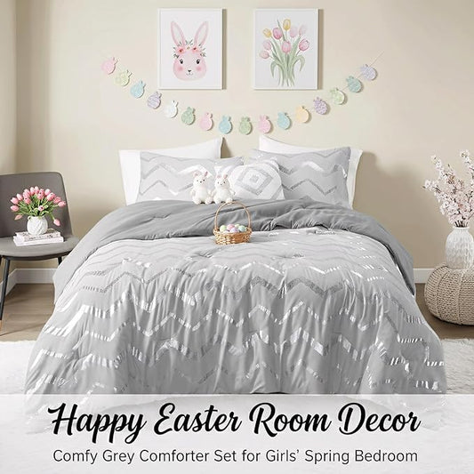 Codi Silver and Grey Bedroom Set, Gray Girls Bedding Comforter Sets Queen and Full Size, 4 Pieces for Women - All Seasons Warm