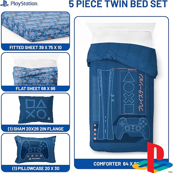 Jay Franco Kids Comforter Set Includes Sheets and Pillow Covers - Soft and Cozy Bed Set for Stylish Room Decor, Official Licensed Bedding, Blue - PlayStation, 5 Piece Twin