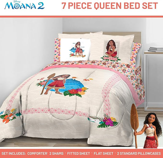 Jay Franco Disney Moana Queen Comforter Set - 7 Piece Bedding Includes Sheet Set & Pillow Covers - Super Soft Floral Kids Bedding