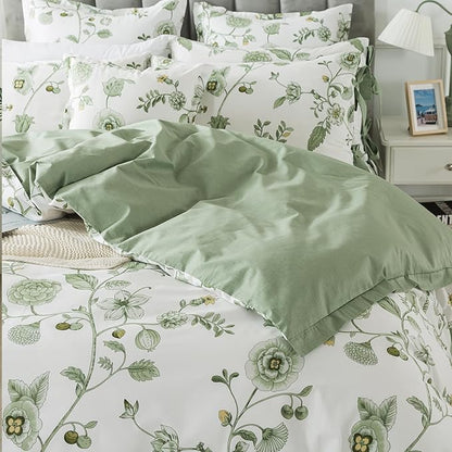 FADFAY Green Duvet Cover Set Queen Floral Bedding 100% Cotton Shabby Vintage Reversible Zipper Farmhouse Comforter Cover Flower Print Bed Covers Girls Pretty Bowknot Soft Breathable 3Pcs