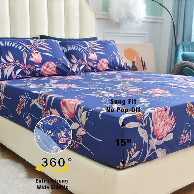 JSD Navy Floral Sheet Set Queen Size, 4 Piece Soft Printed Microfiber Sheets Extra Deep Pocket