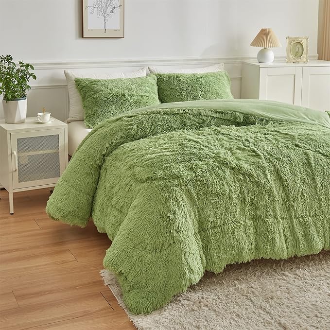 Wajade Faux Fur Plush White Comforter Set Fluffy Fuzzy Shaggy Bedding Set - 3PC Full/Queen Microfiber Soft Warm Quilt Set (Sage Green, Queen)