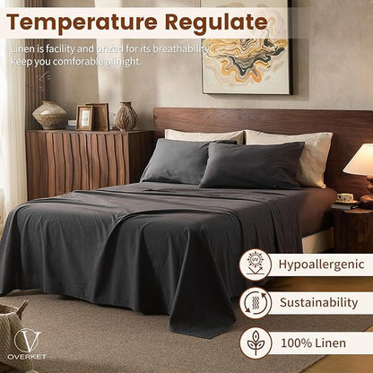 100% Linen Sheets California King Size,Breathable & Durable 4-Piece Bed Flax Sheet Set,Soft All-Season Bedding for Hot Sleepers 16" Deep Pocket Oeko-TEX Certified,（Cal King, Dark Grey）