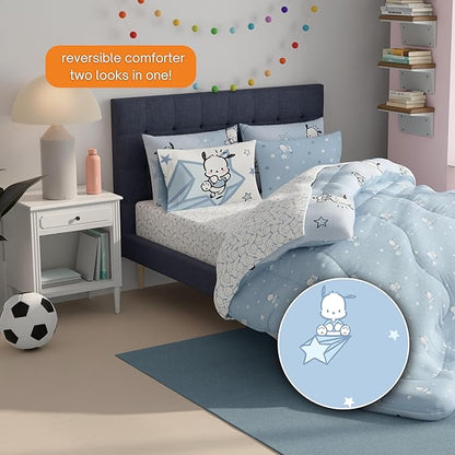 Sanrio Pochacco Bedding 7 Piece Super Soft Cozy Reversible Comforter and Sheet Set with Sham, Full, (Officially Licensed Product) By Franco