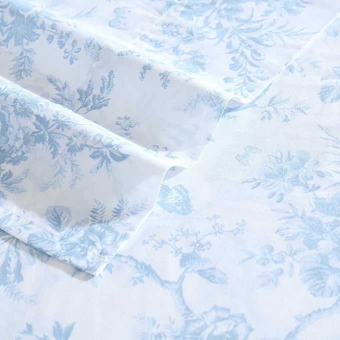 Laura Ashley - Full Sheet Set, Crisp & Cool Cotton Percale Bedding with Deep Pockets, Lightweight for Year Round Comfort, Bed Sheets with Matching Pillowcases (Walled Garden Blue)