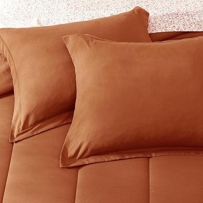 Monbix Full Comforter Set - 7 Pieces Burnt Orange Bed in a Bag Full Size Track Stitching Bedding Sets, All Seasons Comforter with Sheets, Pillowcases & Shams
