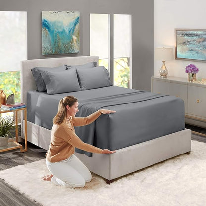 Hearth & Harbor Luxury Soft 6 Piece Bed Sheet Set Extra Deep Pocket Fitted Sheets Fits Mattress up to 21", Double Brushed Bedding Sheets & Pillowcases, Full, Frost Gray