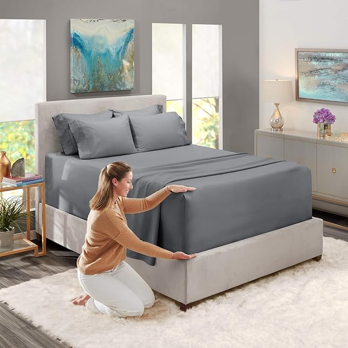 Hearth & Harbor Luxury Soft 6 Piece Bed Sheet Set Extra Deep Pocket Fitted Sheets Fits Mattress up to 21", Double Brushed Bedding Sheets & Pillowcases, Cal King, Frost Gray
