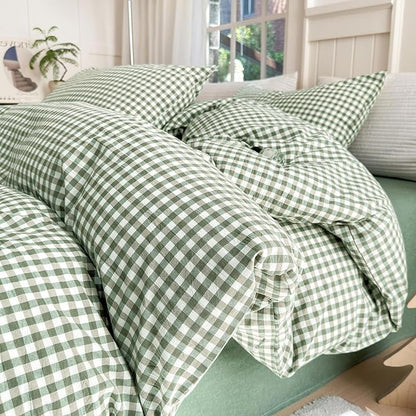 LifeTB Green Gingham Duvet Cover Twin 100% Washed Cotton Modern Plaid Duvet Cover 3 Pieces Green Checkered Grid Comforter Cover with 2 Pillowcases Luxury Soft Green Plaid Bedding Set Twin Breathable