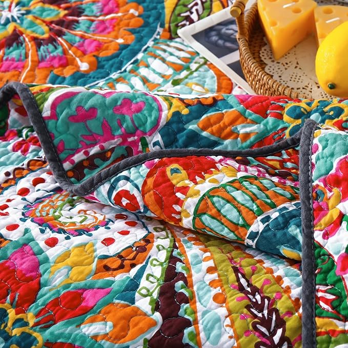Qucover King Size Quilt Bedding Set, 100% Cotton Boho Bedspread, Vibrant Colorful Gorgeous Paisley Print Coverlet for Living Bedroom, Bed Cover with 2 Pillow Shams, 98x106 Inches
