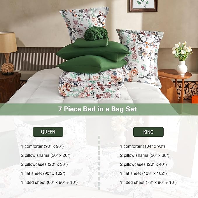 7 Piece King Comforter Set, Green Butterfly Floral Comforter Set with Flowers Leaves Pattern, Soft Microfiber Complete Bedding Set for All Season(Dark Green, King)