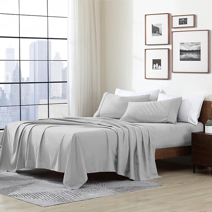 Cathay Home Essentials Ultra Soft Hypoallergenic Wrinkle Resistant Double Brushed Microfiber Bedding Sheet Set, Light Gray, Twin