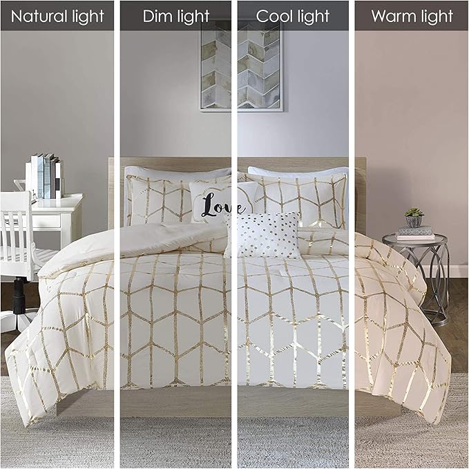 Intelligent Design Raina King/Cal King Comforter Set, Soft Microfiber, Modern Geometric Metallic Bed Set, 5 Pieces College Bedding with 2 Shams, 2 Toss Pillows Ivory/Gold