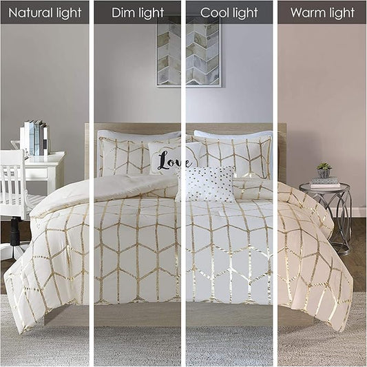 Intelligent Design Raina Full/Queen Comforter Set, Soft Microfiber, Modern Geometric Metallic Bed Set, 5 Pieces College Bedding with 2 Shams, 2 Toss Pillows Ivory/Gold