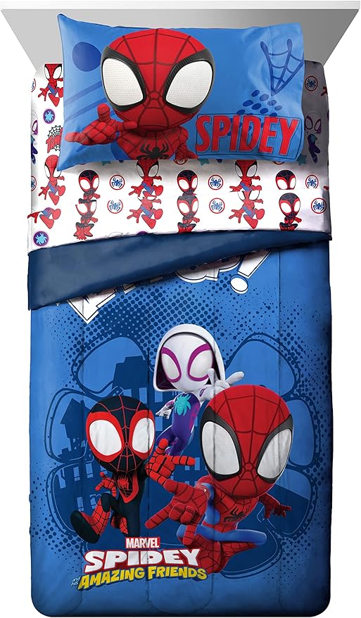 Jay Franco Marvel Spidey and His Amazing Friends Team Spidey 4 Piece Toddler Size Bed Set – Super Soft Microfiber - Includes Comforter & Sheet Set Bedding (Official Marvel Product)