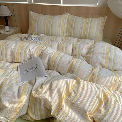 Yellow Striped Duvet Cover Twin XL, 100% Washed Cotton Multicolor Stripes Pattern Printed Comforter Cover, 3 Pieces Breathable Duvet Cover with 2 Pillowcases, Soft Farmhouse Striped Bedding Set