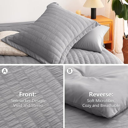 CozyLux King Size Comforter Set Grey Seersucker 7 Pieces Bed in a Bag King Comforter Set with Sheets, Gray Luxury Soft Bedding Sets with Down Alternative Comforter, Sheets, Pillowcases & Shams