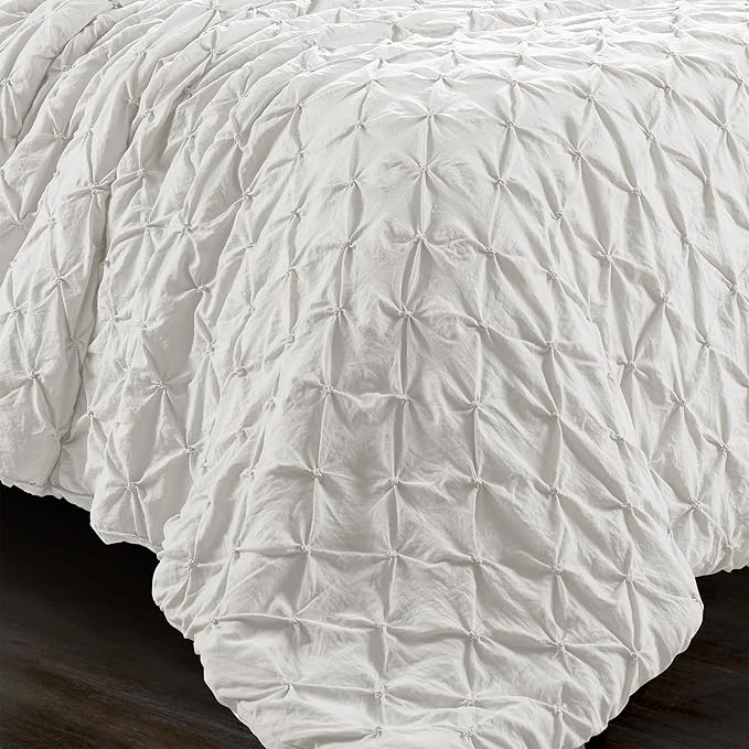 Lush Decor Ravello Pintuck Comforter Set - Luxe 5 Piece Textured Bedding Set - Traditional Glam & Farmhouse Inspired Bedroom Decor - Full/ Queen, White