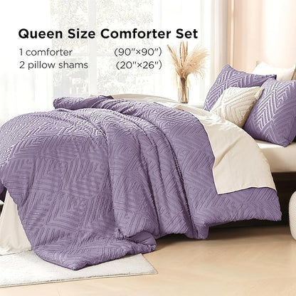 Litanika Grayish Purple Queen Comforter Set, 3 Pieces Tufted Boho Farmhouse Bedding Comforter Sets, Lightweight Fluffy Comforter Bed Set for All Season (90x90In Comforter and 2 Pillowcases)