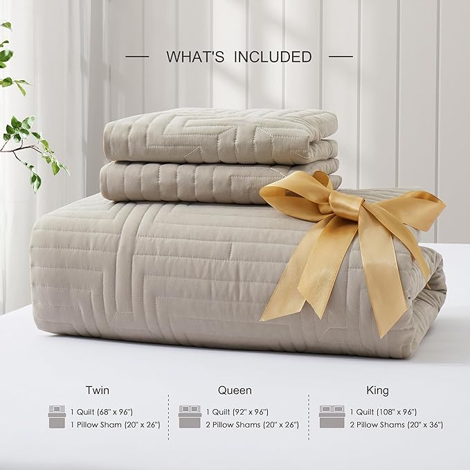 Oli Anderson King Quilt Set, Khaki Lightweight Soft Bedspread Coverlet, Basket Weave Pattern Bedding, 3PCS Modern Geometric Stitching Textured Comforter Sets (1 Quilt and 2 Pillow Shams)