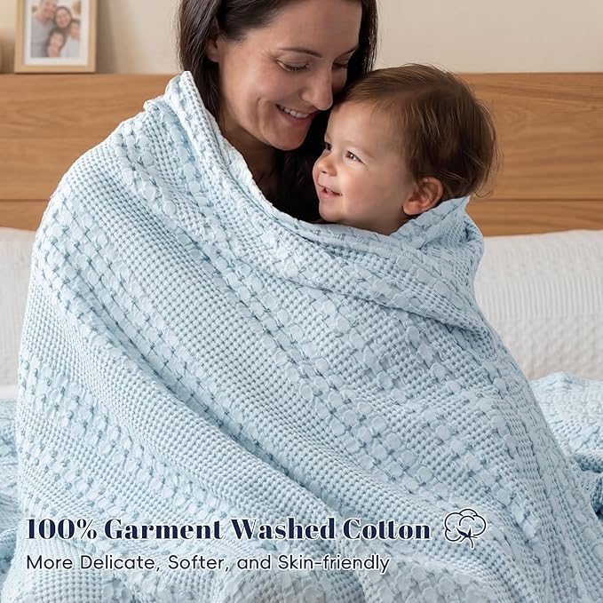 PHF 100% Cotton Waffle Weave Blanket Queen Size for Bed, Soft Lightweight & Breathable for Spring and Summer, All-Season Comfort, Luxury Aesthetic Blanket for Home Decor, 90"x90", Sky Blue