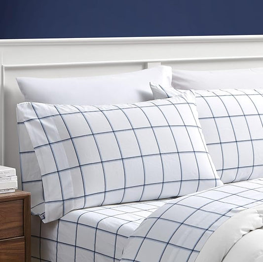 Nautica - Queen Sheet Set, Cotton Percale Bedding Set, Crisp & Cool, Stylish Bedding Set (Plot Blue, Queen)