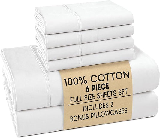 Casa Platino Full Sheets Set –100% Cotton Full Sheets with 4 Pillowcases, Lightweight Feel & Secure Fit, Crisp & Breathable Percale Weave with 15" Deep Pocket, Soft and Cozy – Pure White