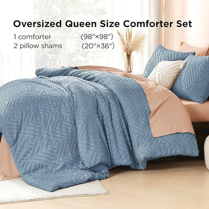 Litanika Grayish Blue Oversized Queen Comforter, 3 Pieces Tufted Boho Farmhouse Bedding Comforter Sets, Lightweight Fluffy Comforter Bed Set for All Season (98x98In Comforter and 2 Pillowcases)