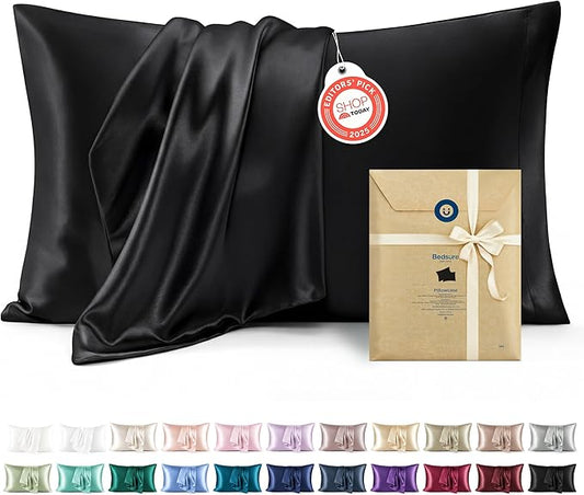 Bedsure King Size Satin Pillowcase Set of 2 - Black Silky Pillow Cases for Hair and Skin with Envelope Closure, Similar to Silk Pillow Cases, Gifts for Women Men, 20x36 Inches, 2pcs