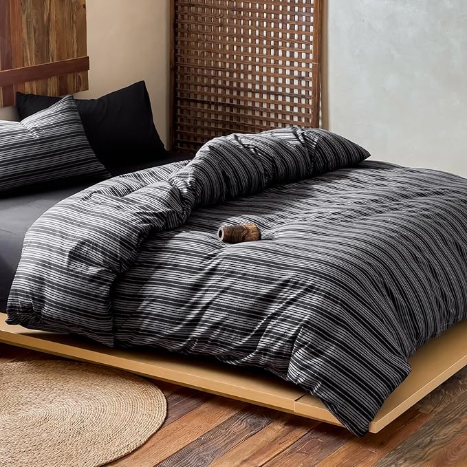 EAVD Retro Black Striped Duvet Cover Full Soft 100% Washed Cotton Reversible Striped Pattern Bedding Set with 2 Pillowcases Farmhouse Geometric Duvet Cover with Zipper Closure