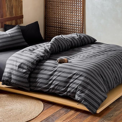 EAVD Retro Black Striped Duvet Cover Full Soft 100% Washed Cotton Reversible Striped Pattern Bedding Set with 2 Pillowcases Farmhouse Geometric Duvet Cover with Zipper Closure
