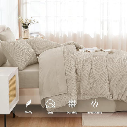 Andency Oatmeal Super King Size Comforter Set with Sheets - 7 Pieces Bed in a Bag Boho Tufted Bedding Sets Fluffy Lightweight Super King Bed Set with Comforter, Sheets, Pillowcases & Shams